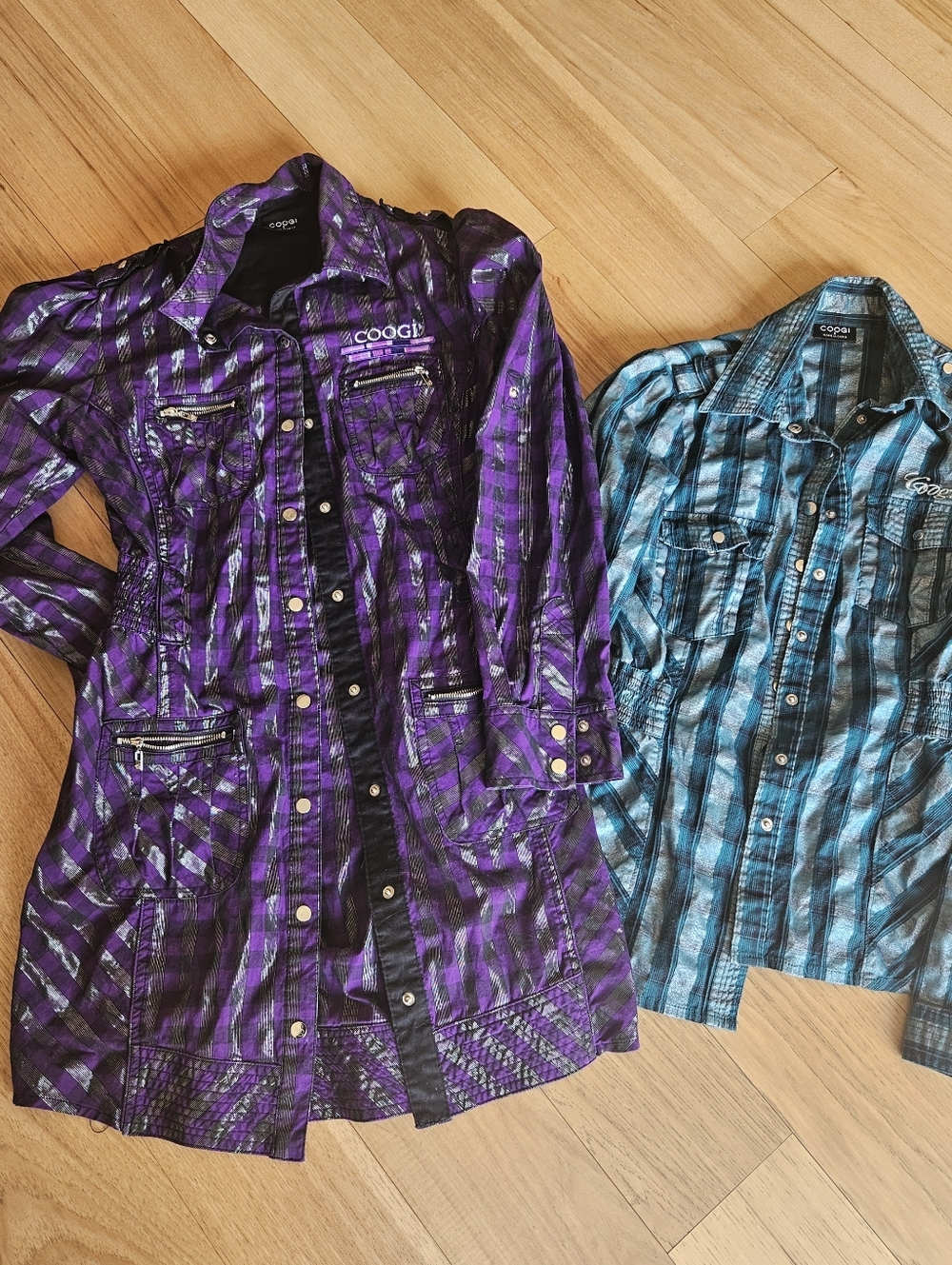 Y2K COOGI Women's Purple Plaid Longline Jacket with Metallic Accents BUNDLE